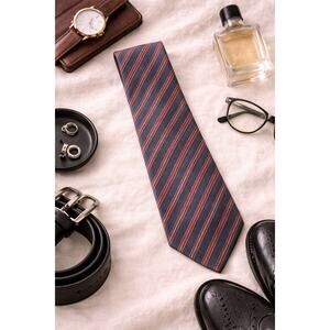 Vintage Club Monaco Men's Slim Necktie Blue Gray Red Classic Striped Tie